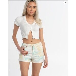 Hi-Rise Mom Shorts Swirl Print Denim‎ Cuffed Hem Casual Trendy Size 1/25 NWT